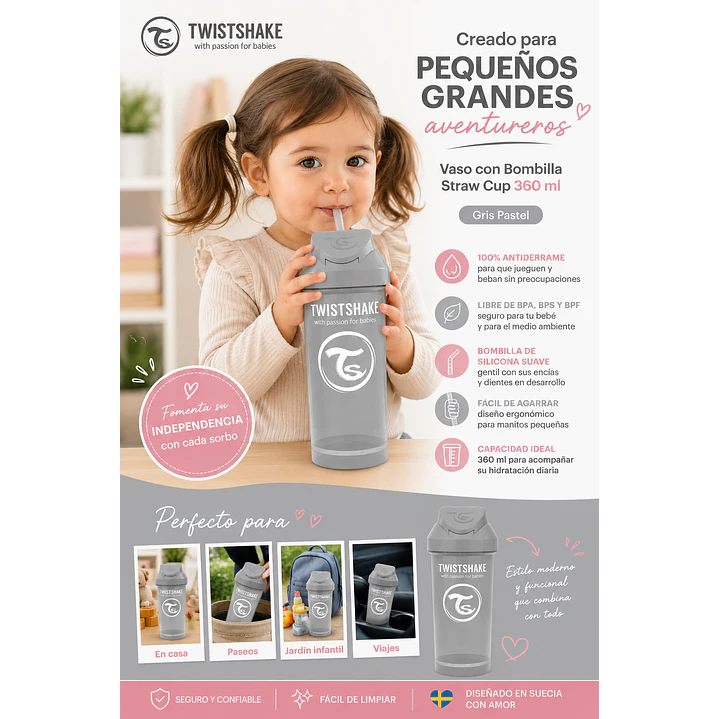 Twistshake Vaso con Bombilla Straw Cup 360 ml Gris Pastel 3
