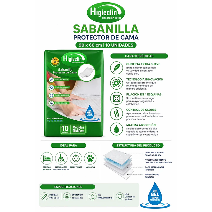 Sabanilla Pañal Protector De Cama Higieclin Con Gel x10 Pack x4 6