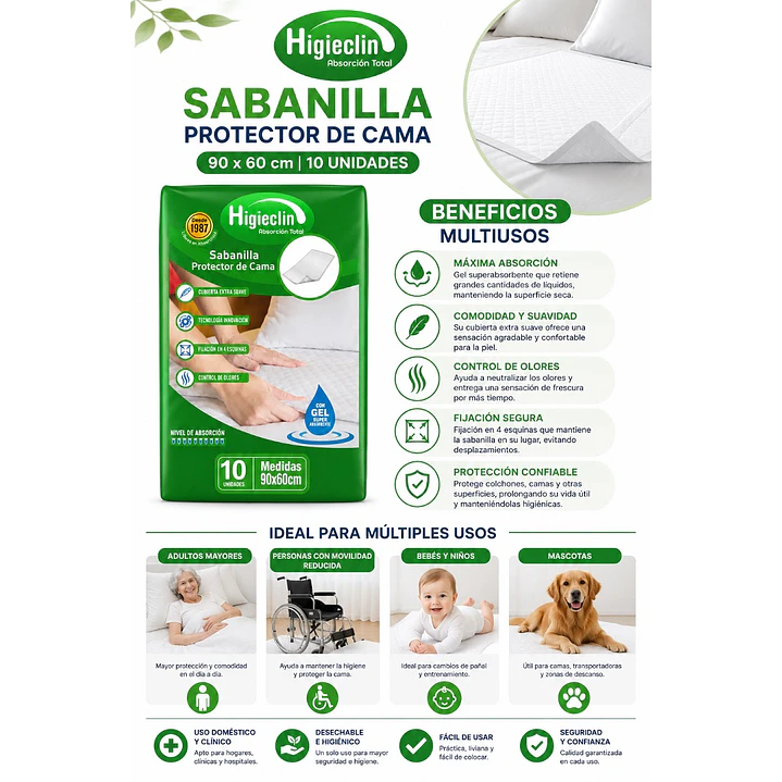 Sabanilla Pañal Protector De Cama Higieclin Con Gel x10 Pack x8 8