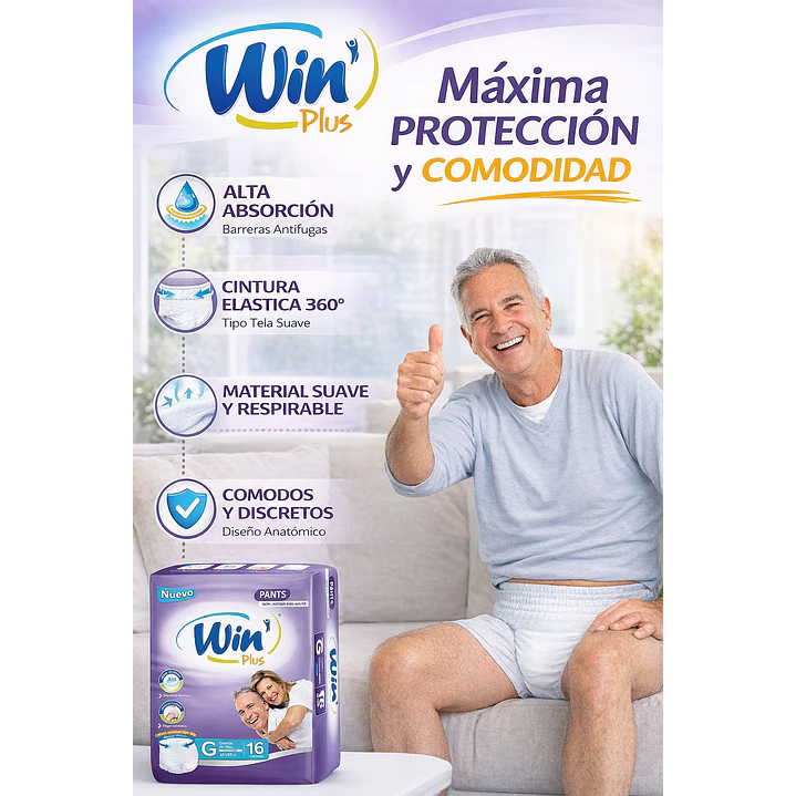 Pañales Win Plus Pants Adulto Alta Absorción Talla G x16 Pack x3 4