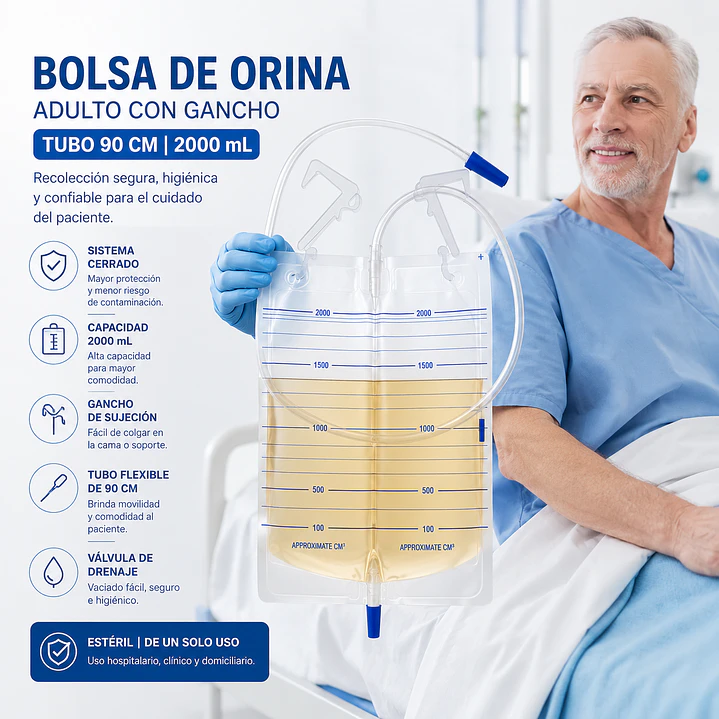 Bolsa Recolector Orina Adulto con Gancho Tubo 90 cm 2000 Ml 5
