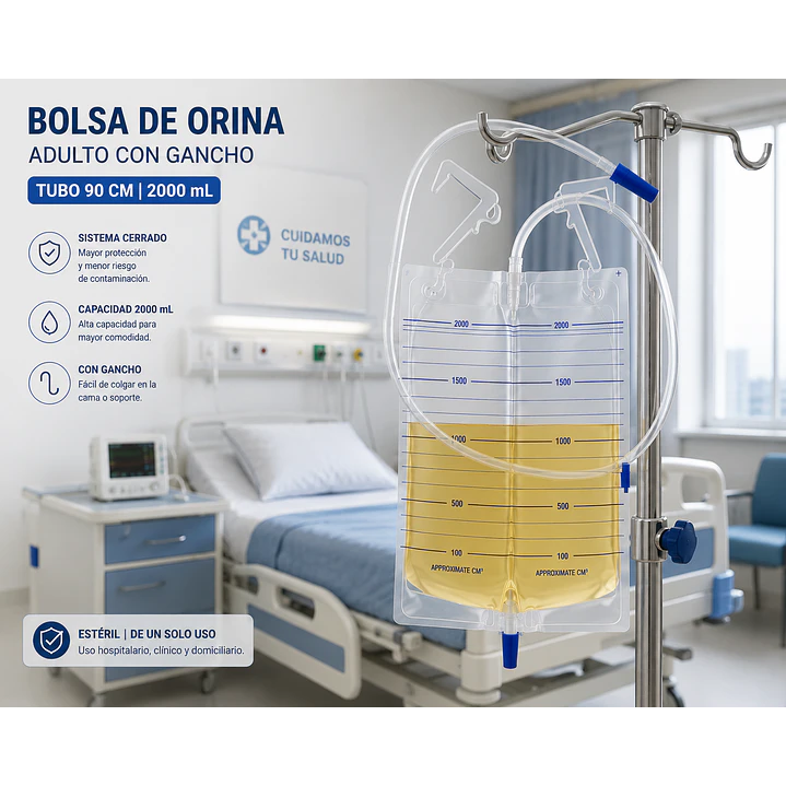 Bolsa Recolector Orina Adulto con Gancho Tubo 90 cm 2000 Ml Pack X10 3
