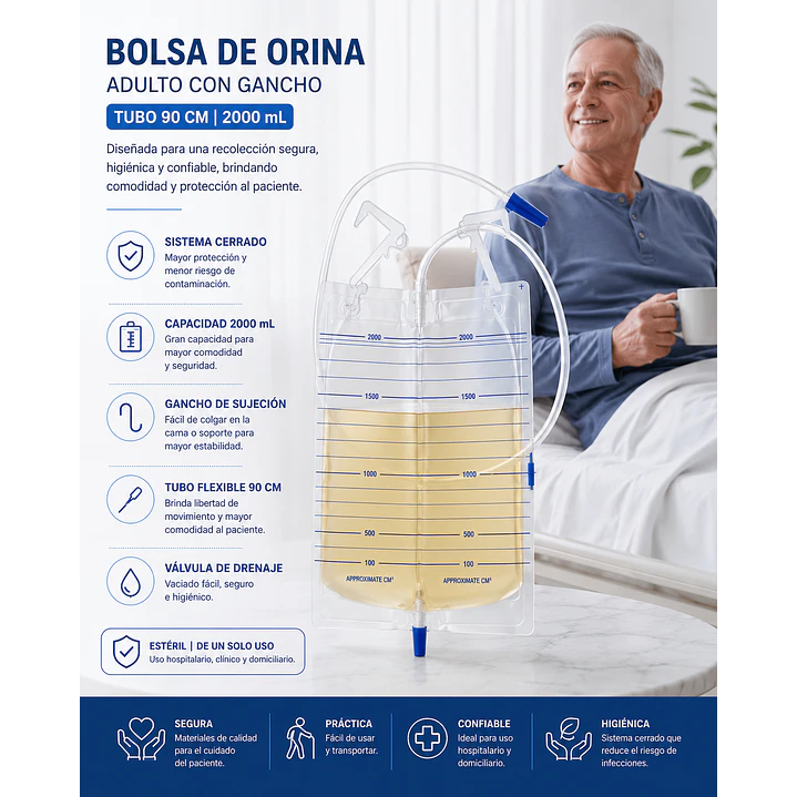 Bolsa Recolector Orina Adulto con Gancho Tubo 90 cm 2000 Ml Pack X10 4