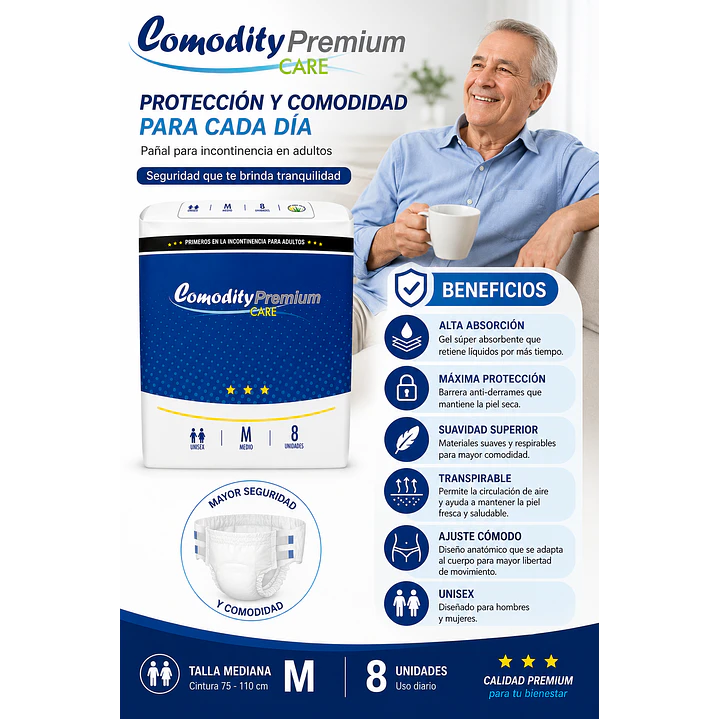 Pañal Adulto Comodity Premium Talla M 8 Unidades Talle Mediano Pack X5 5