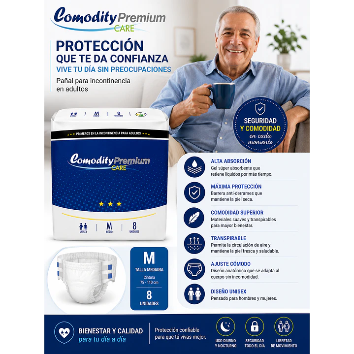 Pañal Adulto Comodity Premium Talla M 8 Unidades Talle Mediano Pack X5 6