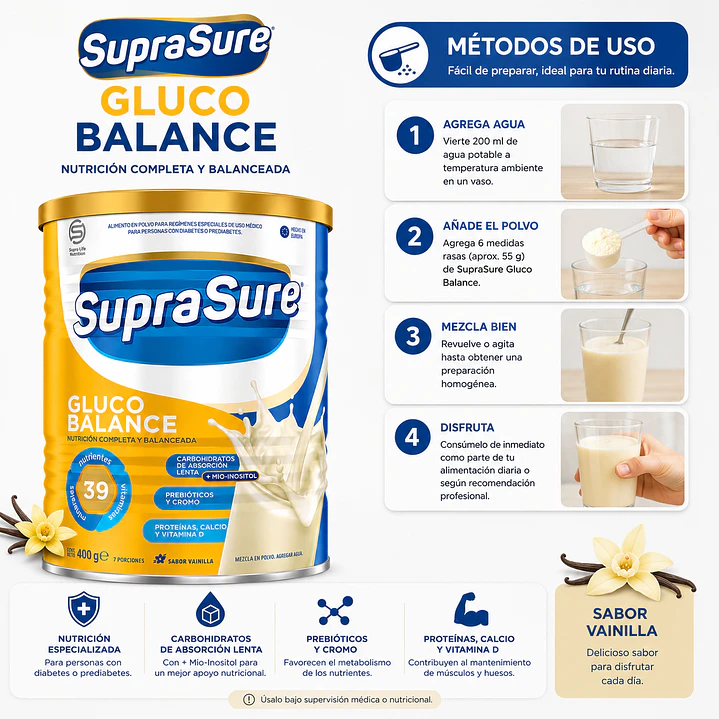 Suprasure Gluco Balance 400g Suplemento En Polvo - Lireke Vainilla Caja X12 5