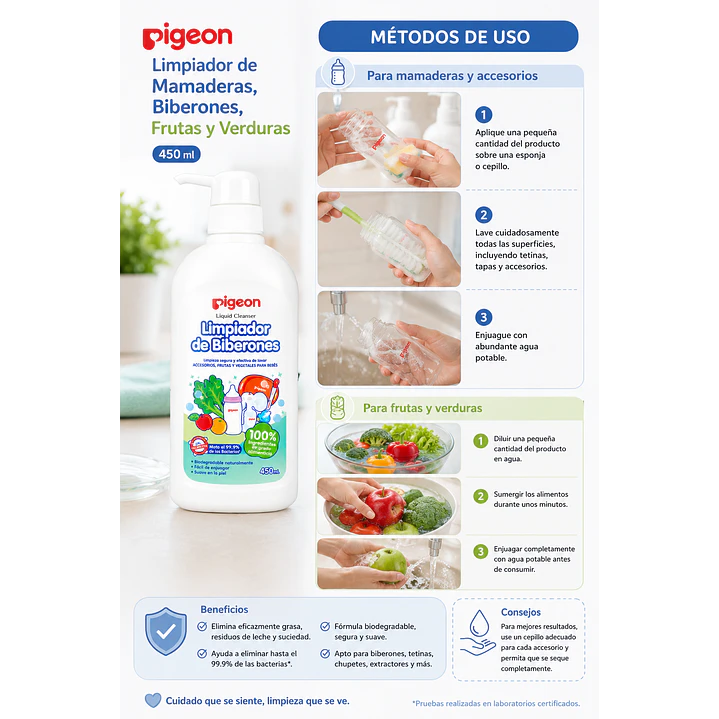 Limpiador De Mamaderas Biberones Frutas Verduras Pigeon 450ml 5
