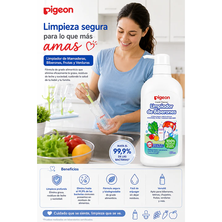 Limpiador De Mamaderas Biberones Frutas Verduras Pigeon 450ml 6