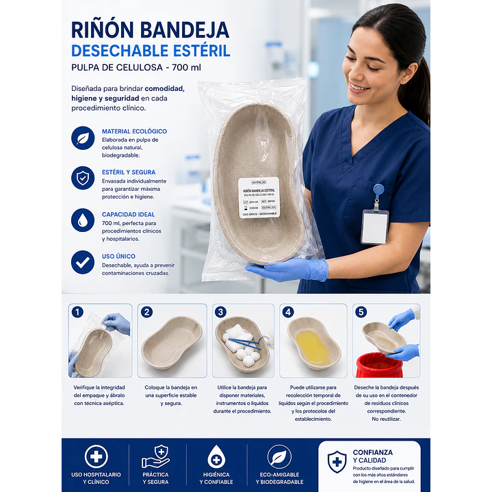 Riñon Bandeja Desechable Esteril Pulpa De Celulosa 700ml  6