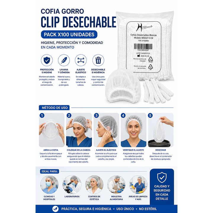 Cofia Gorro Clip Desechable Pack X100 Unidades 5