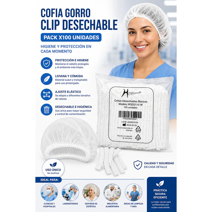 Cofia Gorro Clip Desechable Pack X100 Unidades 7