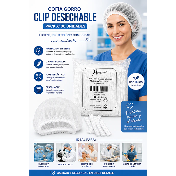 Cofia Gorro Clip Desechable X100 Pack X10 7