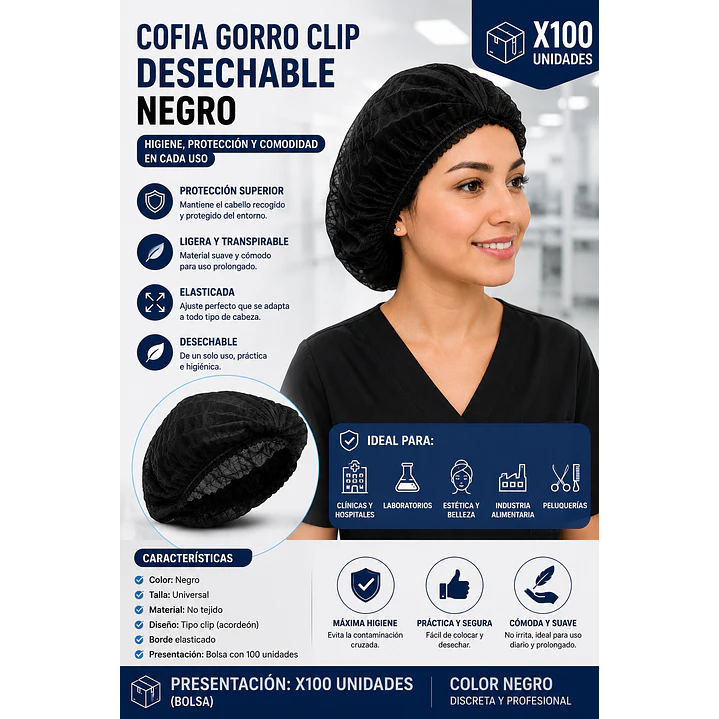Cofia Gorro Clip Desechable Negro X100 Unidades 2