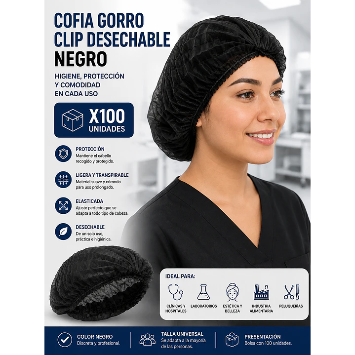 Cofia Gorro Clip Desechable Negro X100 Unidades 5