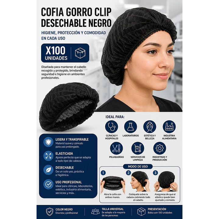 Cofia Gorro Clip Desechable Negro X100 Unidades 4