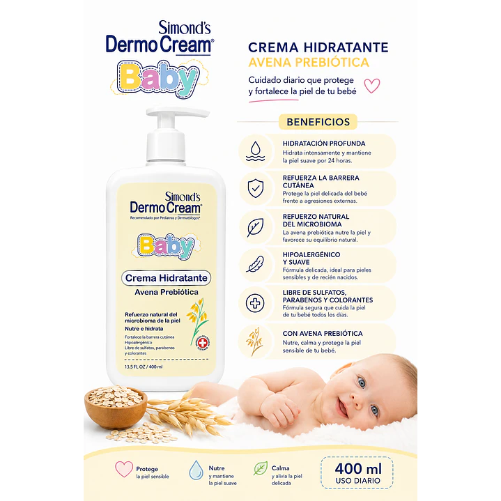 Dermocream Baby Crema Hidratante Avena Prebiótica 400 Ml  5