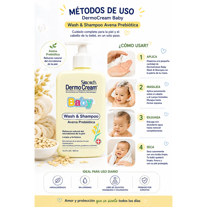 DermoCream Baby Wash & Shampoo Avena Prebiótica 400 Ml  5