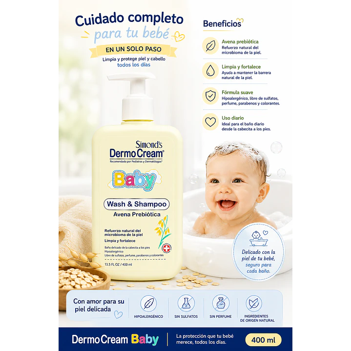 DermoCream Baby Wash & Shampoo Avena Prebiótica 400 Ml  4