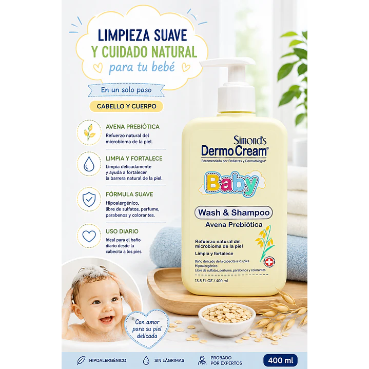 DermoCream Baby Wash & Shampoo Avena Prebiótica 400 Ml  3