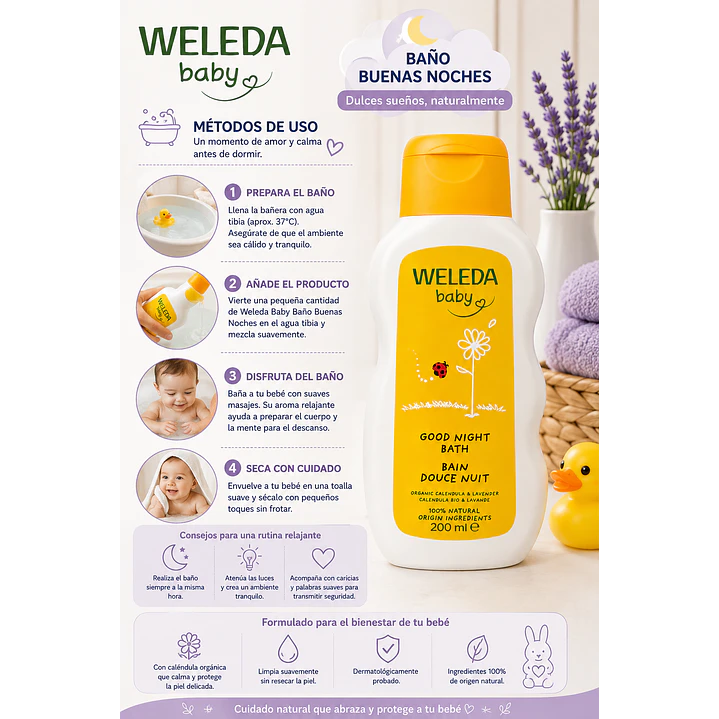 Weleda Baby Good Night Bat  200 Ml Baño Buenas Noches 4