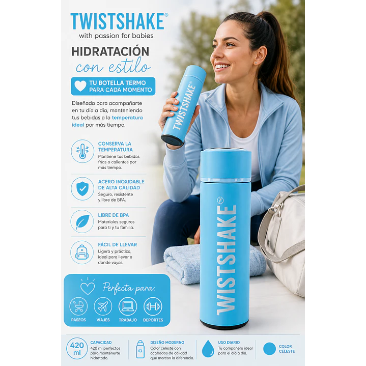 Termo Botella Twistshake Celeste 420 Ml 6