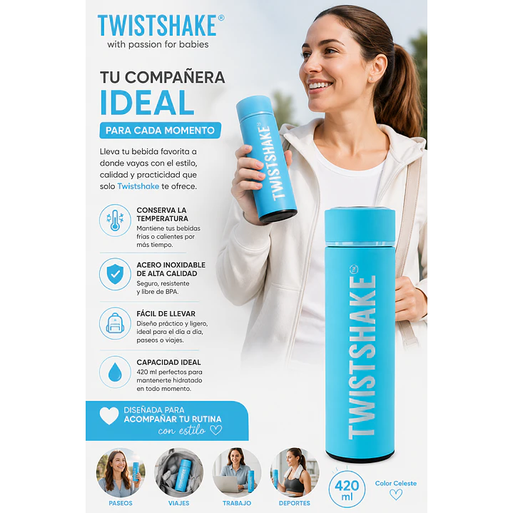 Termo Botella Twistshake Celeste 420 Ml 4