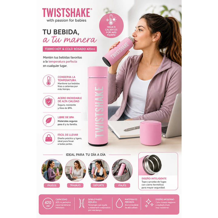 Termo Twistshake Hot & Cold Rosado 420 Ml  6