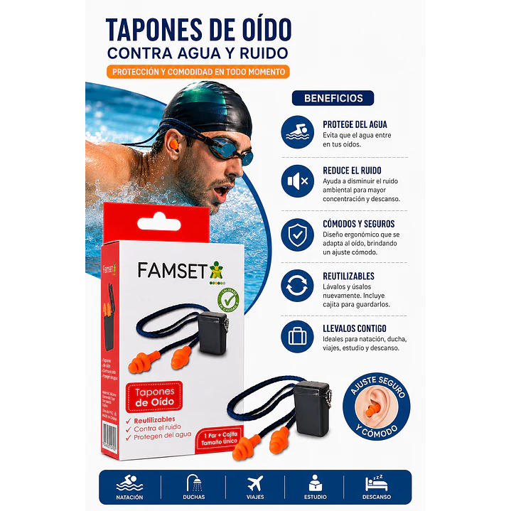 Tapones de Oído Contra Agua y Ruido FamSet  6