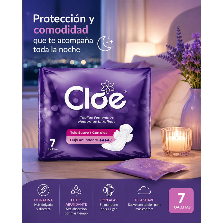 Cloe Toallas Higiénicas Nocturnas Ultrafina Con Alas X7 Unid  2