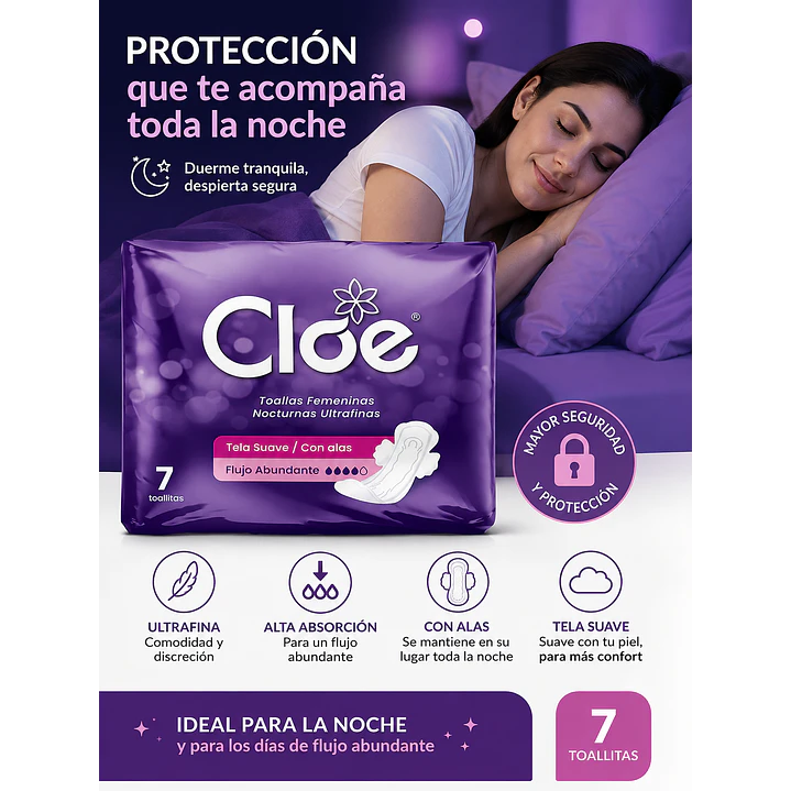 Cloe Toallas Higiénicas Nocturnas Ultrafina Con Alas X7 Unid  3