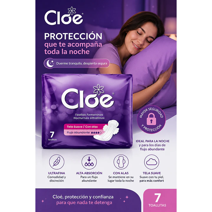Cloe Toallas Higiénicas Nocturnas Ultrafina Con Alas X7 Unid  4