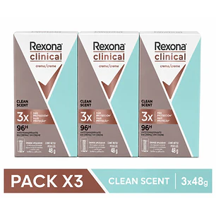 Rexona Clinical Desodorante en Crema Cleant Scent 96h 48Gr Pack X3