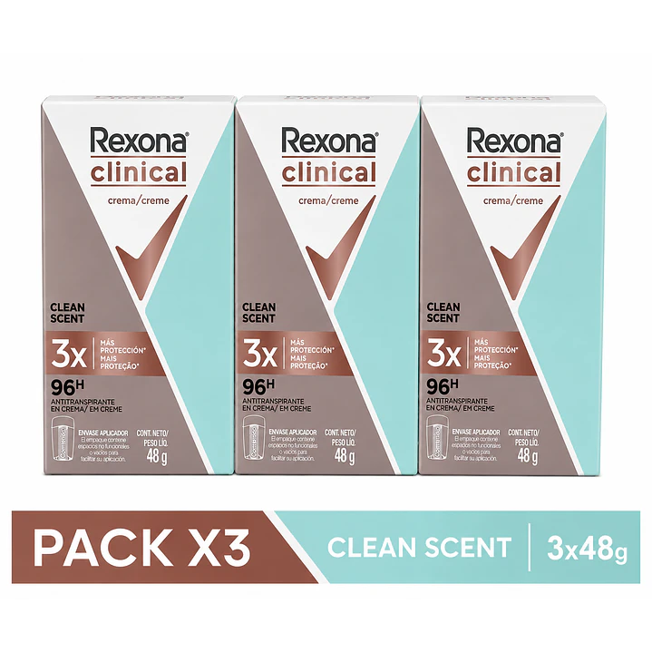 Rexona Clinical Desodorante en Crema Cleant Scent 96h 48Gr Pack X3 1