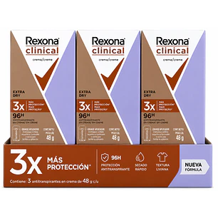 Rexona Clinical Extra Dry Desodorante Crema 96h 48Gr Pack X3