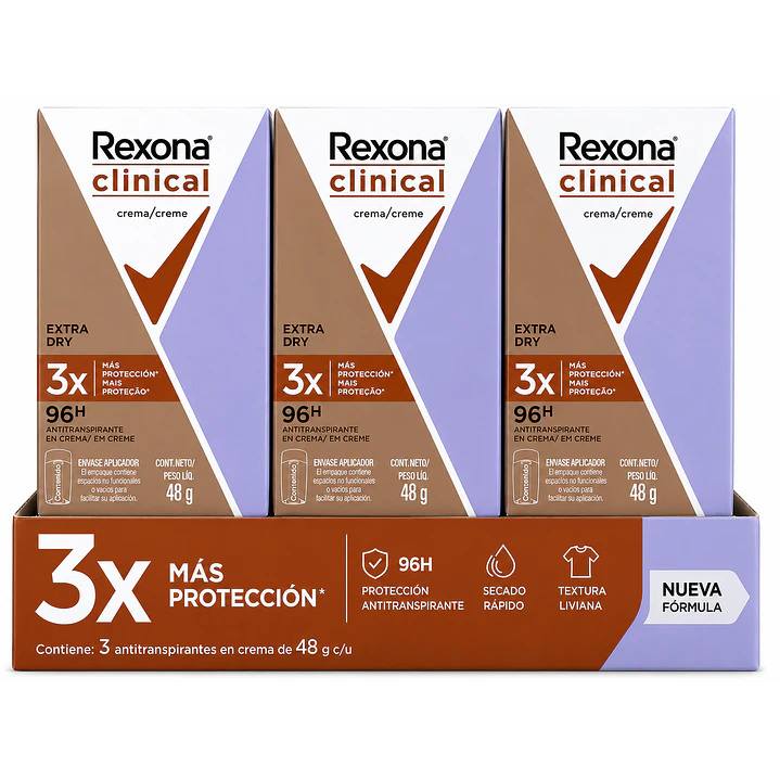 Rexona Clinical Extra Dry Desodorante Crema 96h 48Gr Pack X3 1