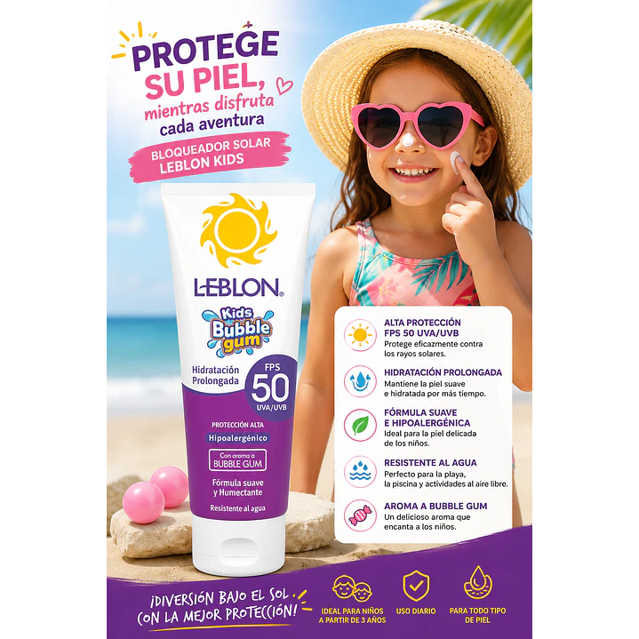 Bloqueador Solar Leblon  Kids Bubble Gum 190G  Fps 50  3