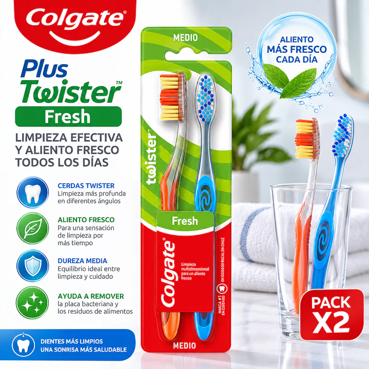 Cepillo Dental Colgate Plus Twister Fresh Medio 2 Unidades 2