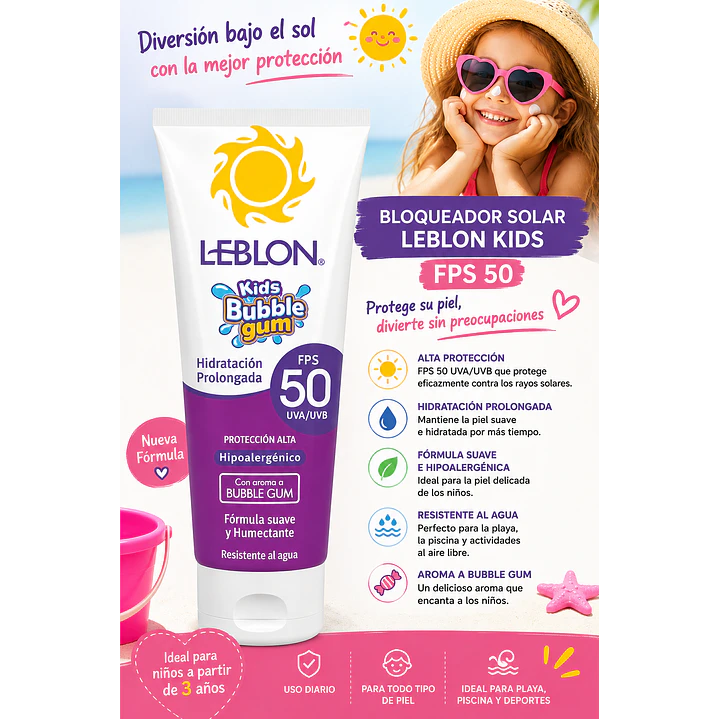 Leblon Kids Bubble Gum FPS 50 Protecor Solar 190 G Pack X3 5