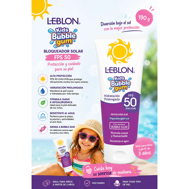 Leblon Kids Bubble Gum FPS 50 Protecor Solar 190 G Pack X3 6