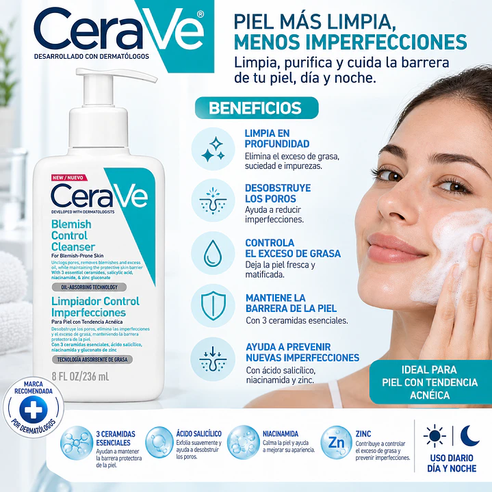 Limpiador Control Imperfecciones Cerave Día Y Noche 236 Ml 7