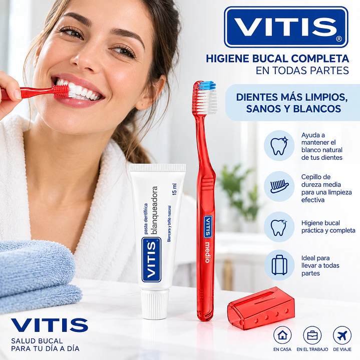 Vitis Pack Cepillo Medio + Pasta Blanqueadora 15 ml + Estuche 3