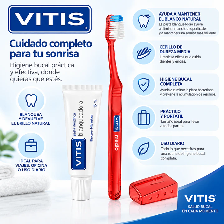 Vitis Pack Cepillo Medio + Pasta Blanqueadora 15 ml + Estuche 4