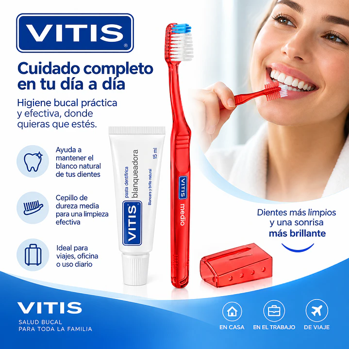 Vitis Pack Cepillo Medio + Pasta Blanqueadora 15 ml + Estuche 5