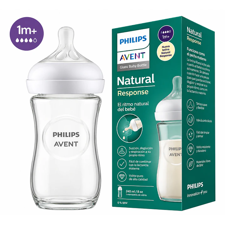 Mamadera Philips Avent Natural Response de Vidrio 240 ml +1 mes 1