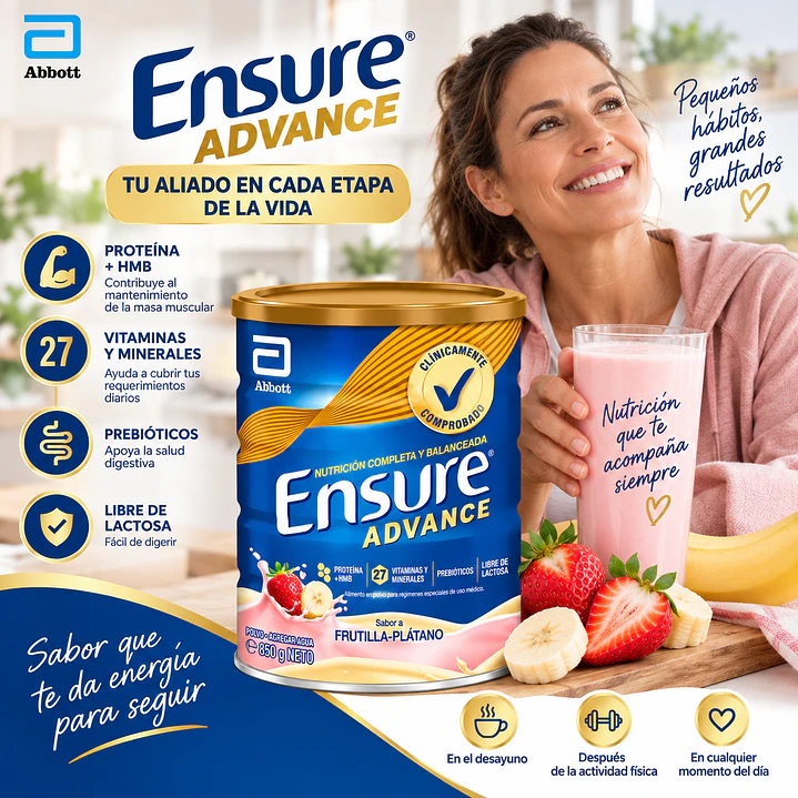 Ensure Advance Sabor Frutilla Plátano 850G Caja X6 7