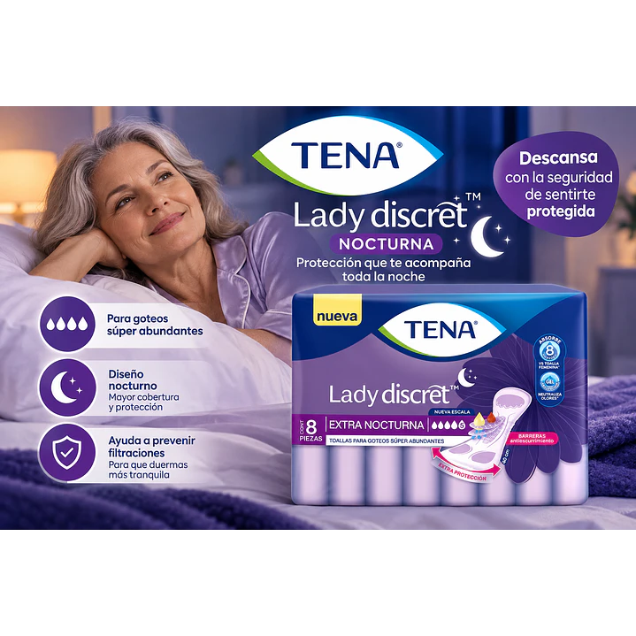 Tena Toalla Lady Discret Nocturna Goteo Super Abundante X8 Unidad  6