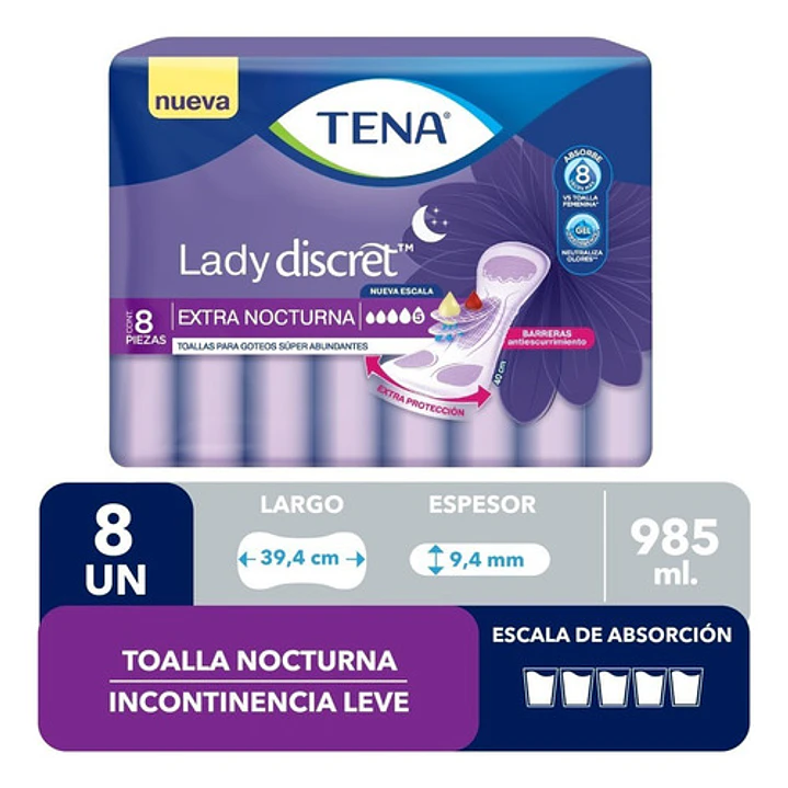 Tena Toalla Lady Discret Nocturna Goteo Super Abundante X8 Unidad Caja X8 3