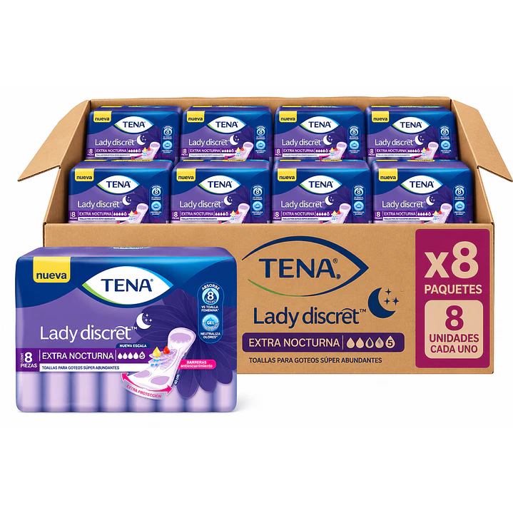 Tena Toalla Lady Discret Nocturna Goteo Super Abundante X8 Unidad Caja X8 1