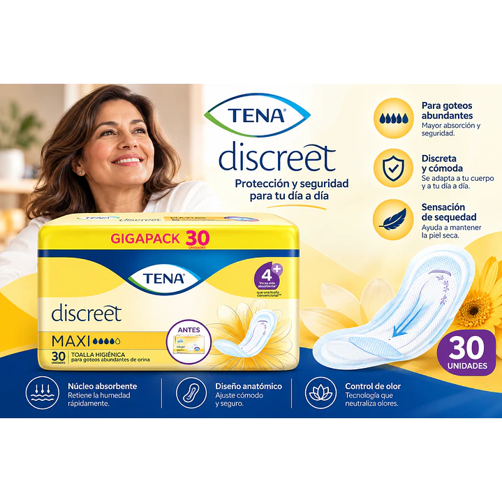 Tena Toalla Higiénica Discreet Maxi Goteos Abundante X30 Unidad 3