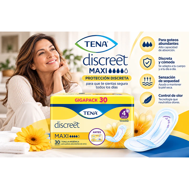 Tena Toalla Higiénica Discreet Maxi Goteos Abundante X30 Unidad 5